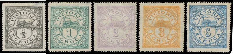 RAILWAY STAMPS - 1876 'VICTORIA/[train]/ECHUCA' (c.) ½d black, 1d green, 2d lilac, 3d yellow-orange & 6d blue, a few minor defects, unused. Very scarce. [A bit of a mystery issue as little is known of them]