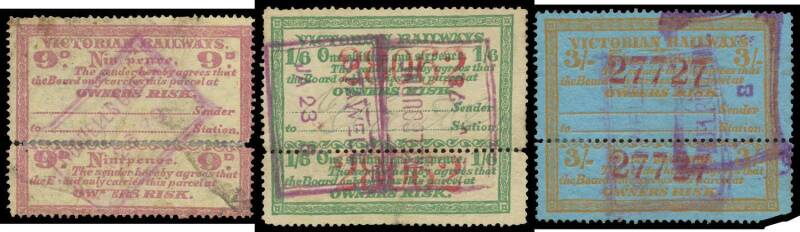 RAILWAY STAMPS - 1877 Stamp + Coupon 9d (without control handstamp, the coupon - which clearly belongs - has been rejoined), 1/6d (very fine) & 3/- (the coupon damaged at lower-right) all with the coupon still attached, double-boxed datestamps of Riddell'