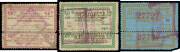 RAILWAY STAMPS - 1877 Stamp + Coupon 9d (without control handstamp, the coupon - which clearly belongs - has been rejoined), 1/6d (very fine) & 3/- (the coupon damaged at lower-right) all with the coupon still attached, double-boxed datestamps of Riddell'