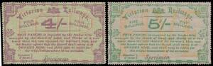 RAILWAY STAMPS - 1879 Large Format with Security Underprint Wmk V/Crown 1d to 5/- complete plus the Wmk '2' 4/- purple/yellow-green #1330 all handstamped 'Specimen' in script type (KTM Type 14), several with the Watermark Inverted, a few minor gum-creases