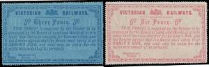 RAILWAY STAMPS - 1879 Large Format with Security Underprint Wmk V/Crown 1d to 2/-, the 1d 2d 9d & 1/- have large-part o.g., the others have no gum. The values to 1/- are Ex Ray Kelly: acquired on 1.12.2007 for $483. [Just to prove that you can handle item