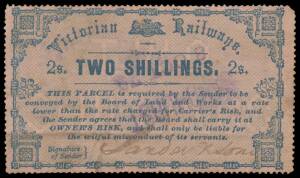 RAILWAY STAMPS - 1879 Large Format with Security Underprint Wmk V/Crown 3d blue/blue (minor thin at lower-left), 9d purple/yellow (minor faults) & 3/- orange/blue (minor faults), and Wmk '10' 2/- blue/pink (major closed tear at the base). Presentable exam