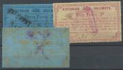 RAILWAY STAMPS - 1879 Large Format with Security Underprint Wmk V/Crown 3d blue/blue (minor thin at lower-left), 9d purple/yellow (minor faults) & 3/- orange/blue (minor faults), and Wmk '10' 2/- blue/pink (major closed tear at the base). Presentable exam - 2
