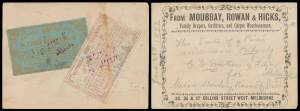 RAILWAY STAMPS - 1879 Large Format with Security Underprint Wmk V/Crown 9d mauve/lilac (stained) & 3/- yellow/blue (superb) affixed to the reverse of 1882 card parcel tag for Moubray Rowan & Hicks (152x112mm), indistinct cancels probably of Spencer Street