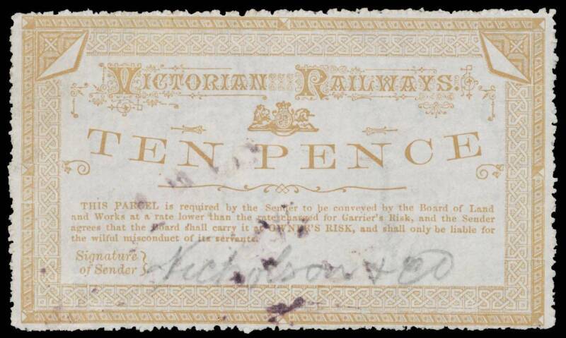 RAILWAY STAMPS - 1882-87 New Values & Designs 8d mauve/pale yellow mint with large part o.g. & used, both with minor defects, and 10d yellow-bistre/white very fine used. Rare & remarkably fine for such large stamps. (3)