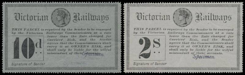 RAILWAY STAMPS - 1887 Queen Victoria Black on Coloured Papers ½d to 2/- (missing the 2d), plus Colour on Coloured Paper 5d all with italicised 'Specimen' handstamp (KTM Type 24b),