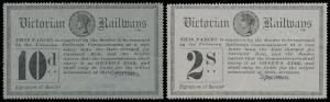 RAILWAY STAMPS - 1887 Queen Victoria Black on Coloured Papers ½d to 2/- (missing the 2d), plus Colour on Coloured Paper 5d all with italicised 'Specimen' handstamp (KTM Type 24b),