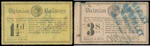 RAILWAY STAMPS - 1887 Queen Victoria Black on Coloured Papers ½d on purple to 3/- on salmon (defect at upper-left) plus an extra 1/- on yellow (normally a pale tint), a few mostly