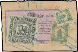 RAILWAY STAMPS - 1887 Queen Victoria Black on Coloured Papers ½d black/mauve over-stamped with 1902-05 1d black/pale green - torn before being affixed - plus South Australia 1885 'V R' Perf 12 ½d green & 1d green all tied by multiple strikes of a very lar