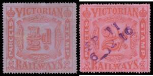 RAILWAY STAMPS - 1903 'PARCELS STAMP' Colour on Coloured Papers selection comprising &frac12;d (rare), 1d x3, 2d x6, 3d x4, 5d x6, 6d x2, 8d, 9d, 10d x2, 1/- x2 & 2/- with various shades, perfs & cancels, condition variable. (29)
