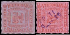 RAILWAY STAMPS - 1903 'PARCELS STAMP' Colour on Coloured Papers selection comprising ½d (rare), 1d x3, 2d x6, 3d x4, 5d x6, 6d x2, 8d, 9d, 10d x2, 1/- x2 & 2/- with various shades, perfs & cancels, condition variable. (29)