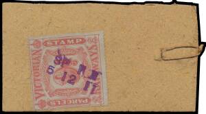 RAILWAY STAMPS - 1903 'PARCELS STAMP' Colour on Coloured Papers 9d red/pale grey #1381 on reverse of makeshift parcel tag to Bendigo, dated cancel '5 12 11' in violet. Ex Ray Kelly: acquired on 1.12.2007 for $241.