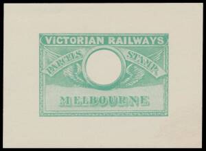 RAILWAY STAMPS - 1917 "Wings" die proof in blue-green of essay with 'MELBOURNE' at the base & blank value tablet on thin wove paper with huge margins & full unmounted o.g. [Elsmore Online states that two sets of 12 different colours have been recorded]