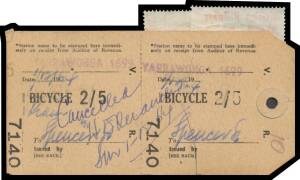 RAILWAY STAMPS - 1953-58 'Victorian Railways' Perforated 3d 1/6d & 5/- affixed to reverse of 1964 'BICYCLE' tag for delivery from Spencer Street to Yarrawonga, 'OWNER'S RISK/...shall carry to bicycle only at the consignor or owner's risk...' printed on th
