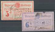 RAILWAY STAMPS - c.1889 Queen Victoria Colour on Coloured Papers 1d green/yellow, 2d blue/white, 2d dull blue/cream, 5d dull red/cream, 5d rose-pink/pale pink, 6d ultramaine/pink, 8d blue/blue-green, and 1/- ultramarine/pale yellow, a few mostly minor pro - 3