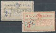 RAILWAY STAMPS - c.1889 Queen Victoria Colour on Coloured Papers 1d green/yellow, 2d blue/white, 2d dull blue/cream, 5d dull red/cream, 5d rose-pink/pale pink, 6d ultramaine/pink, 8d blue/blue-green, and 1/- ultramarine/pale yellow, a few mostly minor pro - 4