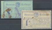 RAILWAY STAMPS - c.1889 Queen Victoria Colour on Coloured Papers 1d green/yellow, 2d blue/white, 2d dull blue/cream, 5d dull red/cream, 5d rose-pink/pale pink, 6d ultramaine/pink, 8d blue/blue-green, and 1/- ultramarine/pale yellow, a few mostly minor pro - 5
