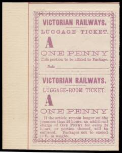 RAILWAY STAMPS - LUGGAGE TICKET: c.1870s 'VICTORIAN RAILWAYS/LUGGAGE TICKET/A---/ONE PENNY' and adjoinng coupon imperforate proof in mauve on thin yellowish paper affixed to a slightly larger piece from an archival source. Superb! The only example known t