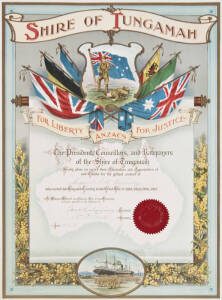 WW1 ANZAC certificate, "Shire of Tungamah, ANZACS/For Liberty For Justice", attractive and colourful award presented to Sergeant L.U.Kennedy, art work by Goldsworthy and Davey, printed by D.W.Paterson Co. (Melb). Size 64 x 51cm. Excellent condition.