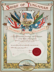 WW1 ANZAC certificate, "Shire of Tungamah, ANZACS/ For liberty, For Justice", attractive and colourful award presented to Driver J.K.Colombini. Art work by Goldsworthy and Davey, printed by D.W.Paterson Co. [Melbourne]. Size 64 x 51cm. Small piece of corn