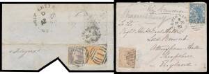 POSTAL HISTORY - Late Fee group including large piece with Woodblocks 6d orange & 6d 'TOO LATE' (very fine with large margins), 1882 & 1895 to GB at 6d rate + 2d late fee, 1900 to South Africa at 2&frac12;d rate x2 + 3d late fee for posting at GPO before 3pm, 18