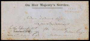 POSTAL HISTORY - 1849 OHMS outer with 'Chief Secretary's Office/Sydney' imprint dated "6th August 1849" at lower-left, to the "Surgeon Superintendent/of the Elizabeth/Hobsons Bay/Melbourne", fine strike of the boxed 'FREE/MELBOURNE' h/s in red & 'MELBOURN
