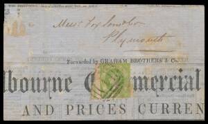 POSTAL HISTORY - 1859 (June 17) large-part "Melbourne Commercial Report & Prices Current" to Plymouth with Emblems Perf 12 1d with part-imprint (damaged in the margin) tied by BN '1' of Melbourne, a bit stained. Very scarce.