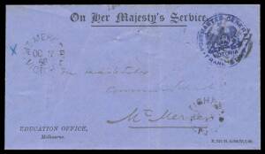 POSTAL HISTORY - 1868 OHMS cover with 'POSTMASTER-GENERAL' frank h/s Die 1 (no fleuron below 'VICTORIA') very fine strike in blue & 'EDUCATION OFFICE/...' imprint at L/L with transits of 'SKIPTON', 'ROKEWOOD' (the earlier of only two recorded examples) & 