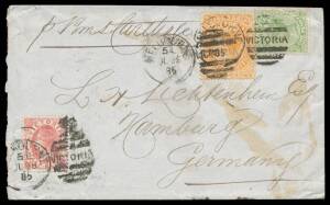 POSTAL HISTORY - 1885 cover to Germany "p RMS Salsette" with rare franking of Stamp Duty 2/6d orange + Naish &frac12;d & 1d tied by Melbourne duplex, Brindisi transit b/s & Hamburg arrival b/s of 7.9.1885, light stains. Absent from Ben Palmer's Census. [The rate