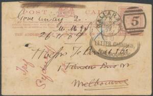 POSTAL HISTORY - 1889 1d Postal Card with superb Ballarat duplex, to Melbourne with oval 'LIST ROOM/NO 1' d/s overstruck with large-part strike of the rubber 'NOT KNOWN BY/LETTER CARRIERS/MELBOURNE' handstamp (the only recorded example), redirected to Syd