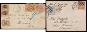 POSTAL HISTORY - 1891 mini-display "1891: Victoria's UPU Year" with very early usage JA13/91 to GB at 2&frac12;d rate, Feb 3 to GB at 2&frac12;d rate + 6d late fee, Feb 10 usage of 2d "long sea route" Postal Card, Feb 10 to Germany paid 3d & taxed, Feb 16 very early us