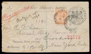 POSTAL HISTORY - 1897 OHMS cover with PMG's frank & rare albeit per favor usage of the 1/6d orange tied by 'REGISTERED/ MELBOURNE VIC' cds, to the USA with San Francisco transit & New York arrival b/s, minor overall soiling.