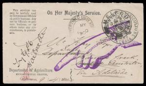 POSTAL HISTORY - 1900 penalty envelope with Entomological Branch imprint at lower-left, to "OT Supt [= Overland Telegraph Superintendent]/Barrow Creek/Central Australia" with 'OODNADATTA/SA' squared-circle b/s apparently where endorsed "Try GPO/Adelaide" 