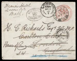 POSTAL HISTORY - 1900 envelope with 'THE PRESIDENT/[arms]LEGISLATIVE COUNCIL VICTORIA' frank & 'THE PRESIDENT/...' crest on the flap both printed in red, to London with 'VICTORIA/[crown]/OFFICIAL PAID' h/s, forwarded three times including to the "House of