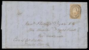 POSTAL HISTORY - GOLDFIELDS EXPRESS COVERS: 1852 part-entire with Half-Length 2d (almost full margins) tied by superb Barred Oval of Melbourne (b/s of DC*23/1852), to "Store Keeper Fryers Creek/Mt Alexander/Care of Mr Baker/Fryers Creek" with no transit o