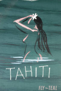 c1963 "TAHITI, FLY TEAL" screen printed travel poster showing a nude female bather on green background, note that the same poster was used for Qantas, size 97 x 62cm, condition A-. "TAHITI FLY TEAL", lithograph travel poster show a woman peering through b