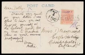 POSTAL HISTORY - PROVISIONAL POSTMARKS - BOXED OFFICE HANDSTAMPS: 'GREAT WESTERN' & mss "23.1.06" on 1d pink on PPC to GB, 'T/10c' h/s.