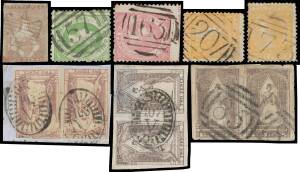 POSTMARKS - Selection of mostly Classics with Butterflies '4' (rated RR) x2, '10' (RRR), '19' (RR), '22' (RR), '23' (R), '30' (R) & '33' (R); Barred Ovals '21' (R) , '24' (R), '27' (RRRR), '28' (RR), '36' (R), '44' (R), '47' (RR) x2, '57' (RR), '63' (RR),