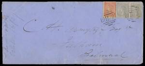 POSTMARKS - BARRED NUMERALS: 1st Type '112' very fine strike on 1867 cover with Laureates 2d pair & 4d, 21&frac12;mm 'DUNKELD' (the later of only two recorded examples) and 'BALMORAL' arrival b/s, repaired flap fault and small peripheral tears. Rated RRR. [Goldm