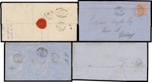POSTMARKS - CROWNED OVAL DATESTAMPS: 1850s-1860s group including very fine 'AMHERST' on 1861 part-entire, part-'AVOCA' on 1859 cover to Prussia, very fine 'BALLAN' error '1855' for '1856' on outer, very fine 'BALMORAL' on 1860 cover, 'BEECHWORTH' on 1858 
