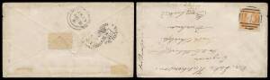 POSTMARKS - CROWNED OVAL DATESTAMPS: 'CHUTON/NO*7/1857/VICTORIA' (spelling error; ERD) very fine b/s on cover to England with rare franking of Woodblocks 6d orange with Serpentine Rouletting SG 58 (Cat &pound;180 x2+) tied by fine BN '145' (original state; rate