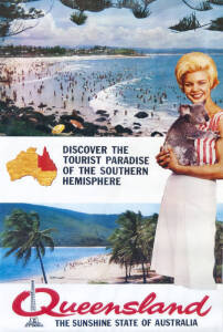 c1960s "Queensland the Sunshine State of Australia. Discover the Tourist Paradise of the Southern Hemisphere", Coloured lithograph, size 101 x 63cm. Condition A.