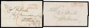 POSTMARKS - INSTRUCTIONAL HANDSTAMPS - 'PAID AT/...' HANDSTAMPS: 1853-54 struck in Red for '.../BALLAN' (very fine, on entire headed "Bradshaws Station/near Ballan", postmaster's manuscript "Ballan/Dec 29th 54" on the reverse), '.../COLLINGWOOD' (very fin