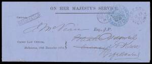POSTMARKS - INSTRUCTIONAL HANDSTAMPS - 'REDIRECTED' HANDSTAMP: Very fine boxed 'REDIRECTED' h/s on 1874 OHMS reply lettersheet with 'SOLICITIOR GENERAL' Frank & 'CRESSY' arrival cds from where forwarded to St Kilda. The only such marking we have seen from