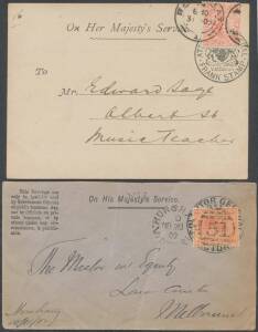 OFFICIAL MAIL - FRANK STAMPS - Late usages of all-different group of postcards for various departments x7 & envelopes for Ministers of Health and Lands & Survey (two, one an enormous defective front only, festooned with 1d stamps) & Solicitor-General, all