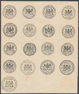 OFFICIAL MAIL - FRANK STAMPS - Proof-like impressions of all 17 printed franks still in use in 1902 on a single page (175x210mm) folded to permit each successive marking to be printed thereon. [The franking system was terminated on 31.10.1902. Remainders 