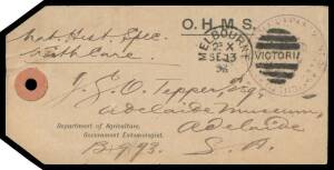 OFFICIAL MAIL - FRANK STAMPS - AGRICULTURE, DEPARTMENT OF: Handstamped frank light but obvious strikes in blue or bluish black on 1889 envelope-front with Board of Viticulture imprint to Sydney; & on 1893 parcel tag with Government Entomologist imprint to