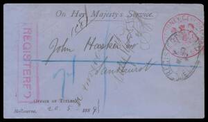 OFFICIAL MAIL - FRANK STAMPS - ATTORNEY-GENERAL: 1864-91 all-different envelopes - three from the 1860s - with handstamp in blue black or violet including with no imprint but elaborate 'CURATOR OF THE ESTATES OF DECEASED PERSONS/...' cachet (S&W #260; the