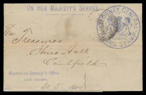 OFFICIAL MAIL - FRANK STAMPS - ATTORNEY-GENERAL: Die 2 (Coat of Arms 13mm high) printed in blue on 1900 lettersheet with Master-in-Lunacy's Office imprint in the same colour (S&W #L20), folded to 94x61mm with very late usage of "killer" '1' of Melbourne &