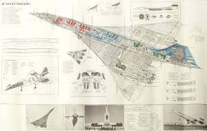 c1972 "CONCORDE", drawings by Theo Page lithograph poster detailing the plans for the arrival of the Concorde in 1973 to various airlines (Boac, TWA, PAN AM, Qantas etc), size 101 x 63cm, some light creasing and slightly soiled mainly on the back. Conditi